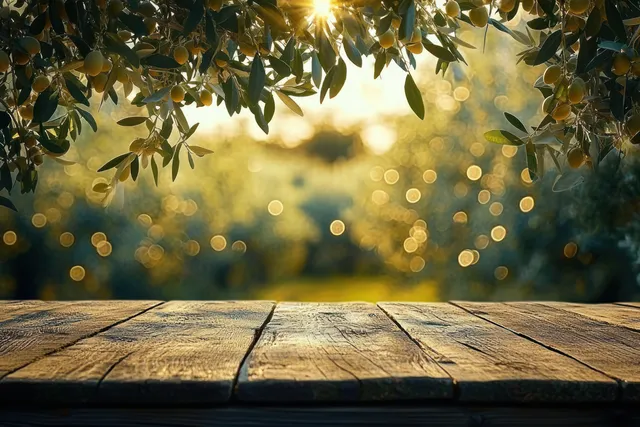 Sunlit wooden table beneath leafy branches with ripe yellow fruit and glowing bokeh in the background.