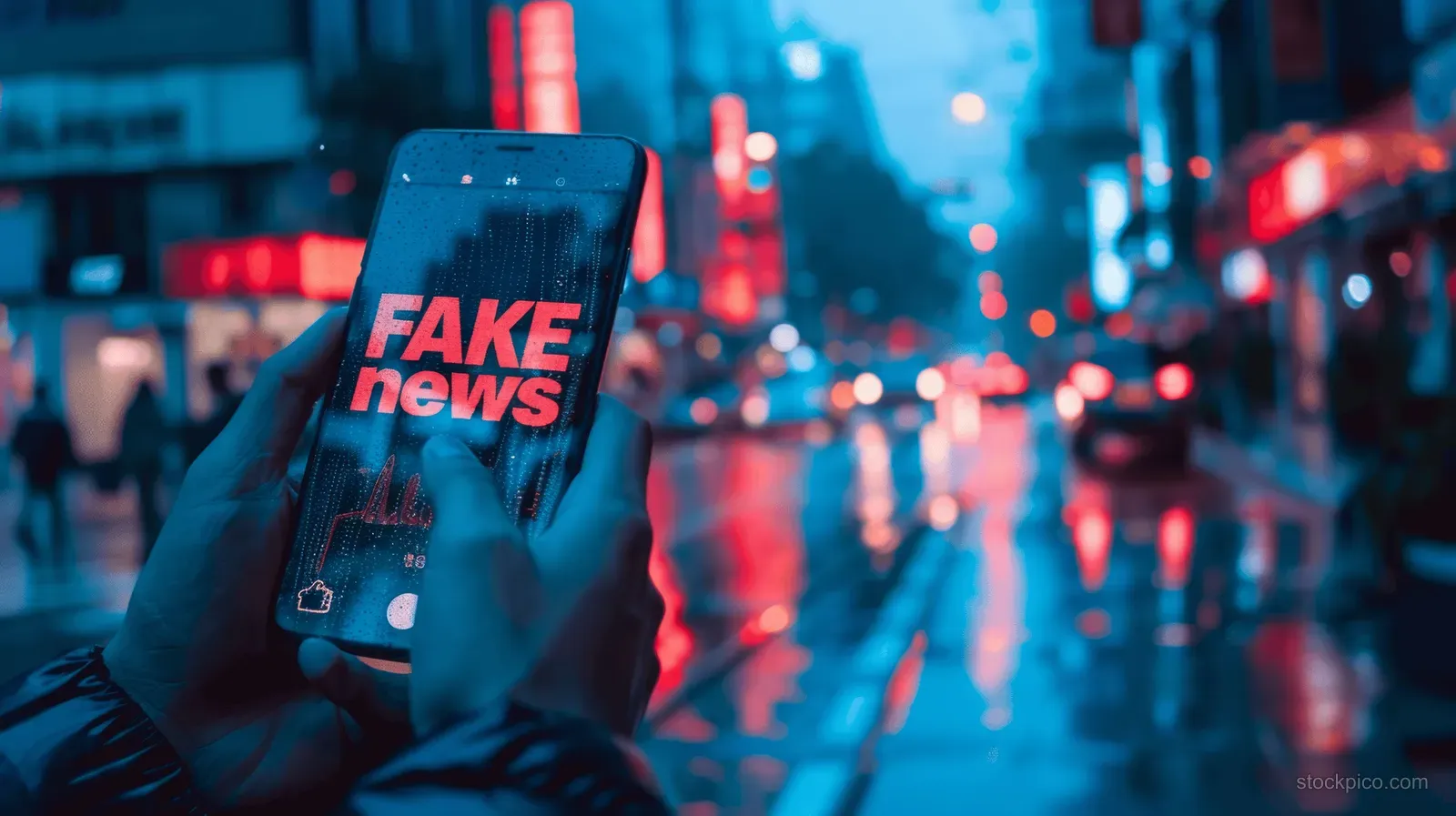 A hand holds a smartphone showing a fake news alert on a rainy city street at night.