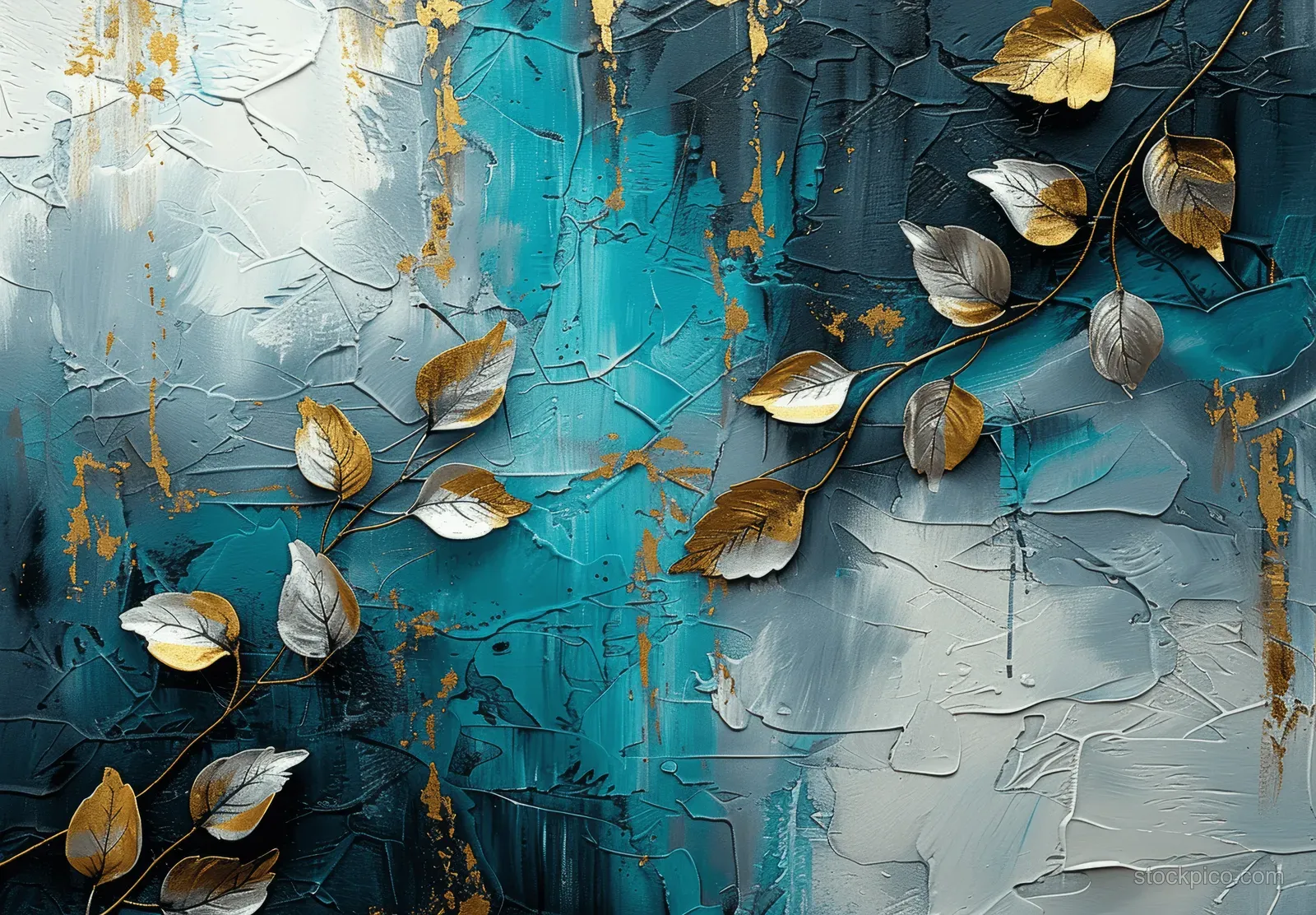 Abstract gold and silver leaf silhouettes on a textured teal, grey, and black background.