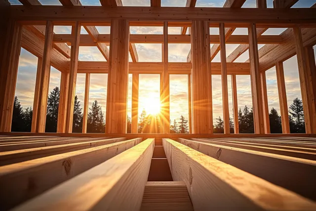 Sunrise shines through the wooden frame of an unfinished house construction site surrounded by trees.