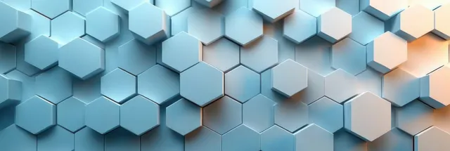 Abstract blue hexagonal tiles with layered 3D depth and soft glowing light.