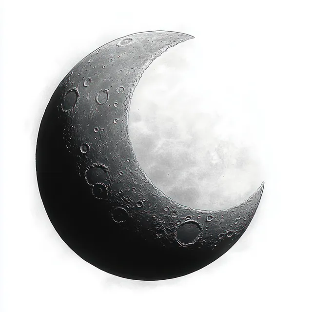 A cratered crescent moon appears against a bright background with a strong shadow across its surface.