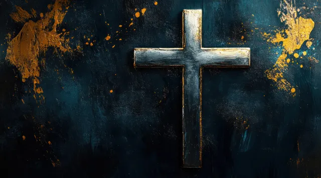 Metallic cross with gold paint splashes on a dark textured background.