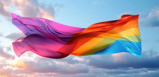 Rainbow Pride flag waving against dramatic blue sky clouds, bright freedom message