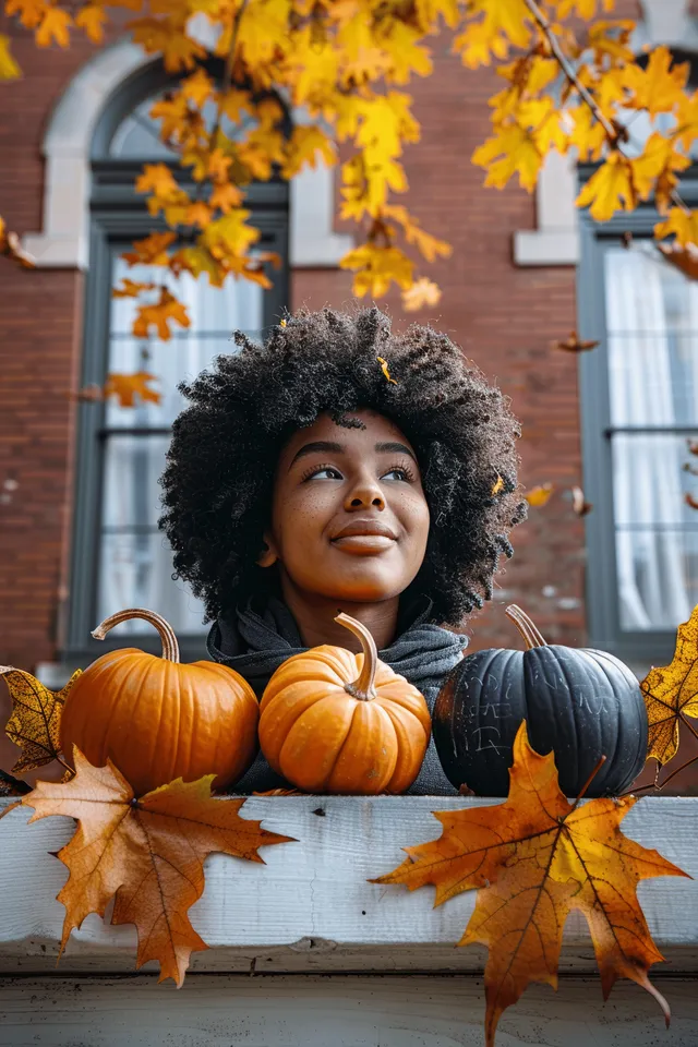 Orange pumpkins and scattered autumn leaves rest on a white wooden table in a top-down flat lay.