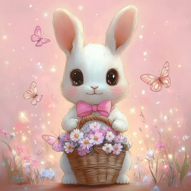 A white bunny holds a flower basket while butterflies flutter around it in a soft glowing pastel pink scene.