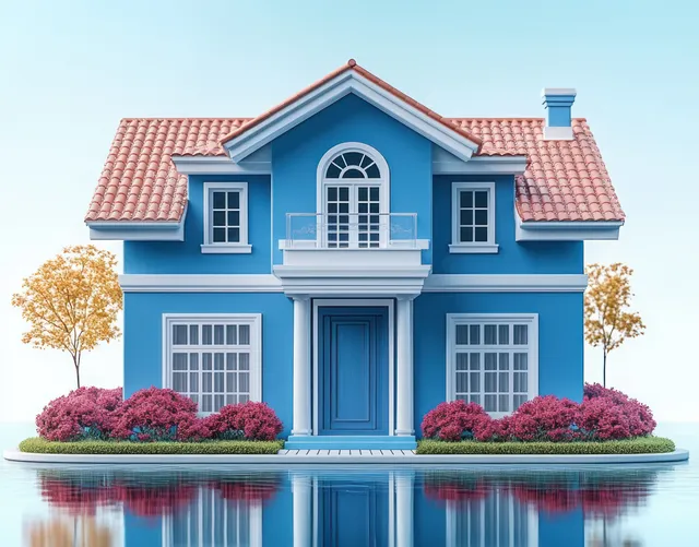 Symmetrical blue two-story house with red tile roof reflected in calm water with shrubs and trees.