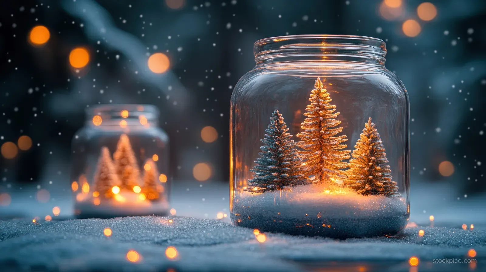 A small Christmas tree sits in a clear glass jar with warm bokeh lights and snowy background blur.
