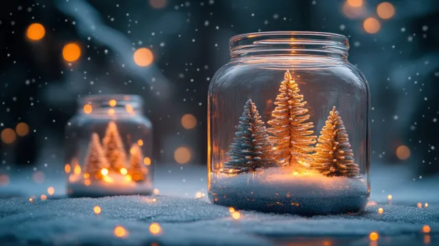 A small Christmas tree sits in a clear glass jar with warm bokeh lights and snowy background blur.