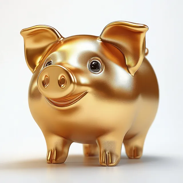 Shiny golden piggy bank with big eyes smiling on white surface for saving money