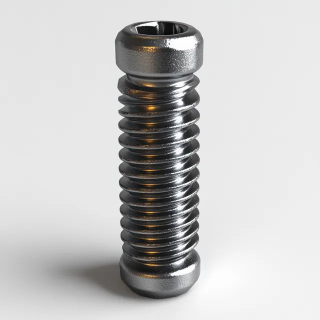 Metal screw with visible threads standing upright on a white studio background.