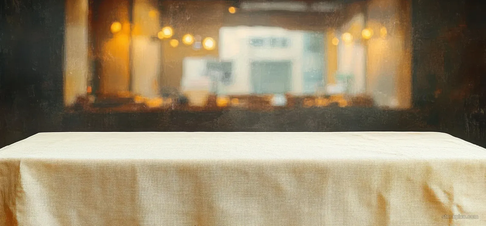 Beige tablecloth covered empty dining table in a warm indoor scene with blurred golden lights.