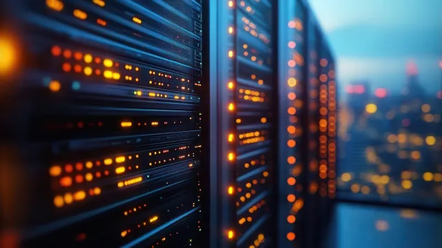 Close-up of server racks with glowing orange and yellow indicator lights in a data center with a blurred city through a window.