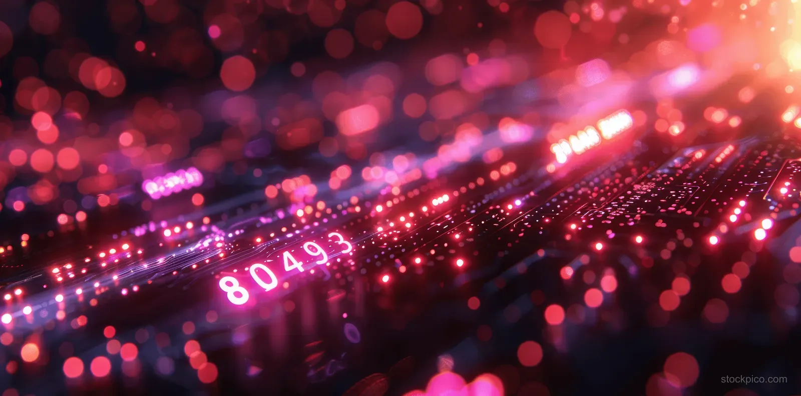Pink and purple neon data lines and glowing dots forming an abstract AI network.