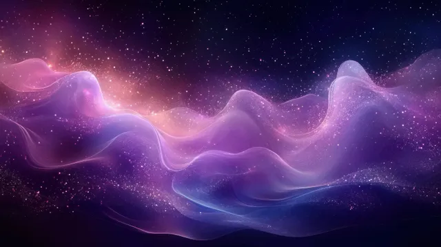 Purple and blue nebula waves swirl across a starry night sky with glittering points of light.