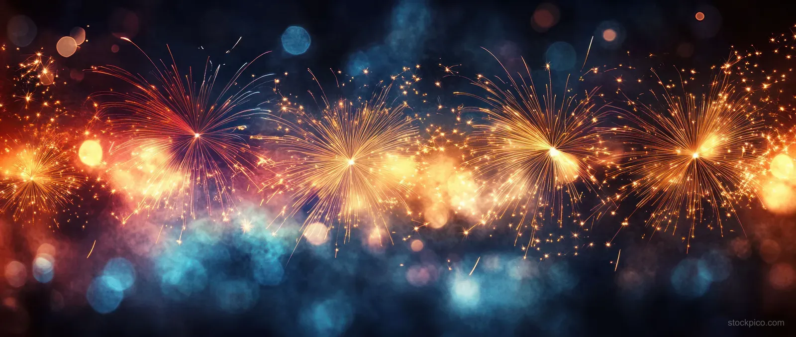 Colorful fireworks explode across a dark blue night sky with golden bokeh light highlights.