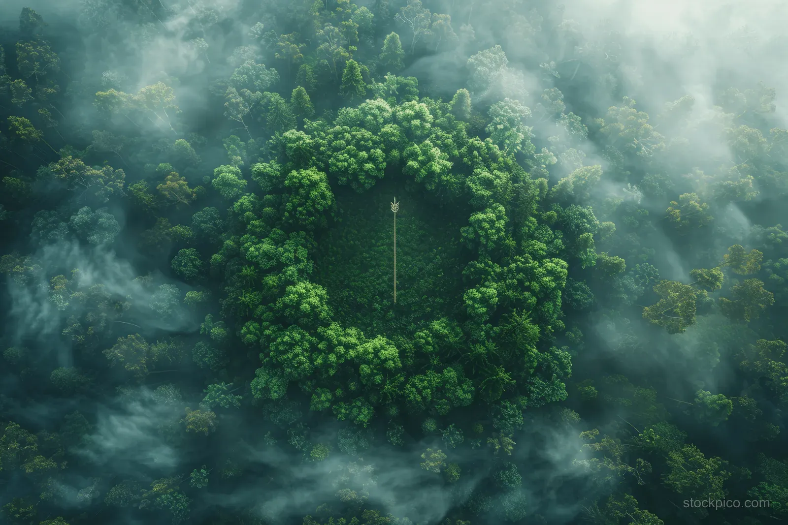 Misty rainforest canopy stretches across the frame, highlighting environmental conservation and green sustainability targets.