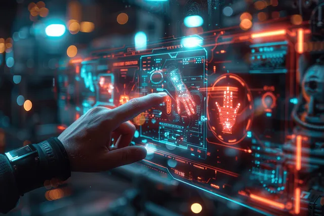 Engineer hand adjusting holographic production dashboard with circuit diagrams in factory night