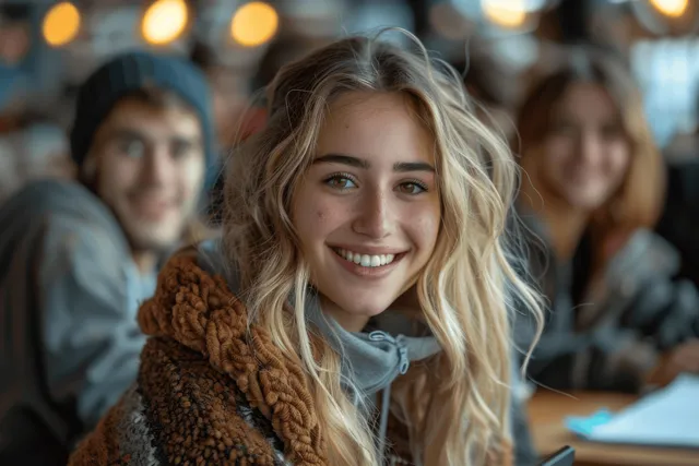 Smiling student in foreground studies with classmates at a university canteen table with laptops and notebooks.
