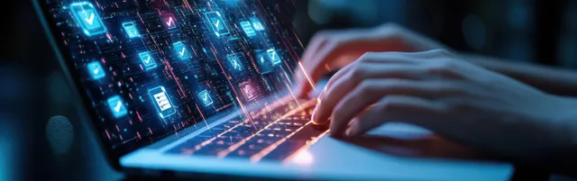 Hands typing on laptop with holographic checklists and data icons above a dark screen