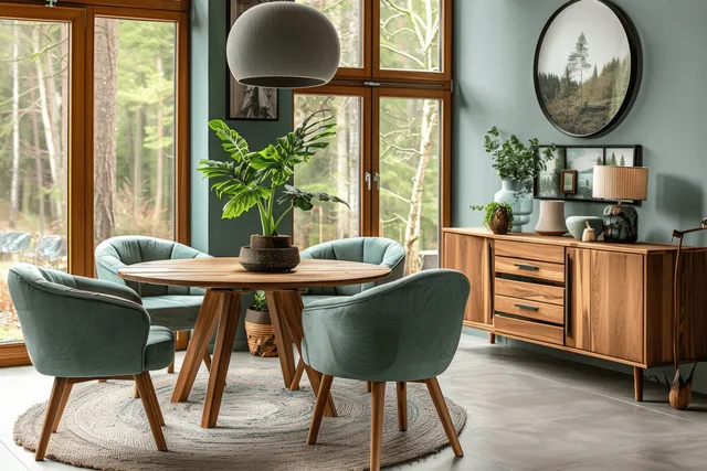 Mint green sofa and round wooden table sit by windows showing a forest view with a wooden cabinet nearby.
