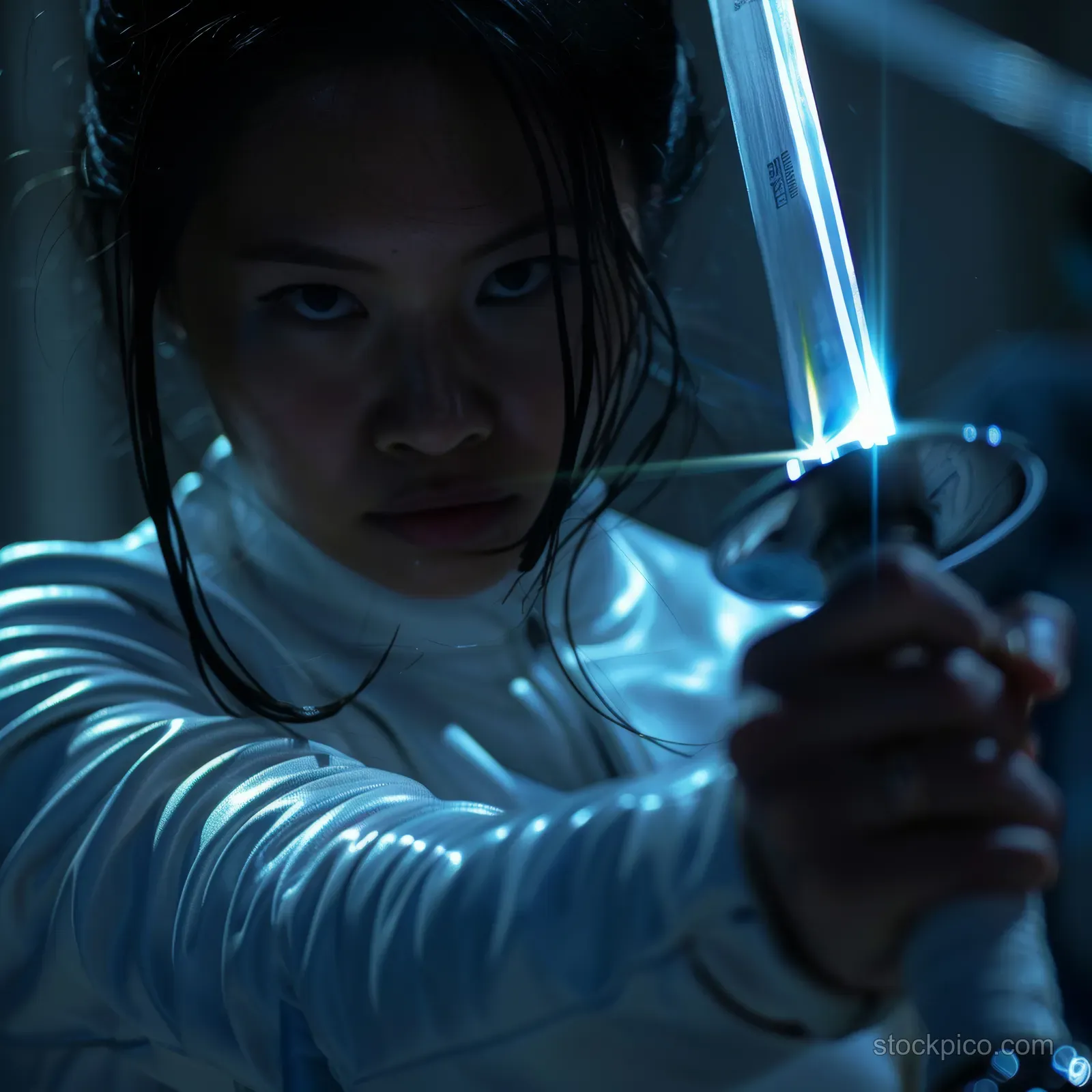 Close-up of a female fencer’s gloved hand gripping a sabre under blue dramatic lighting with blade reflections.