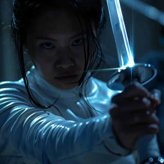 Focused hand grips a fencing sabre as blue dramatic light slices the arena