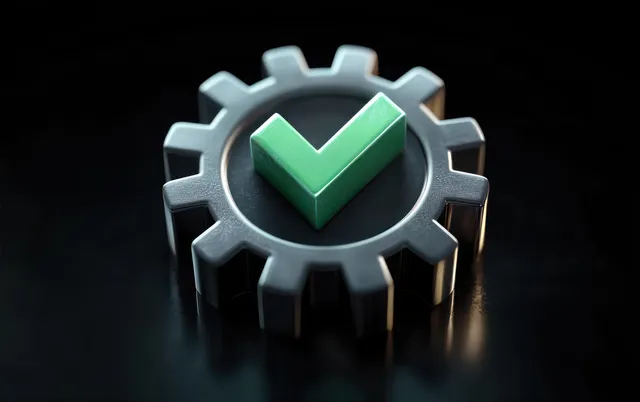 Metallic gear with a centered green check mark symbol on a dark reflective surface.