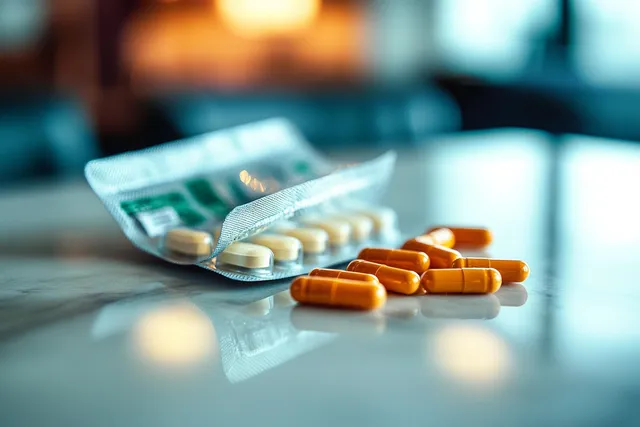 Open blister pack spilling white tablets onto reflective surface beside orange capsules