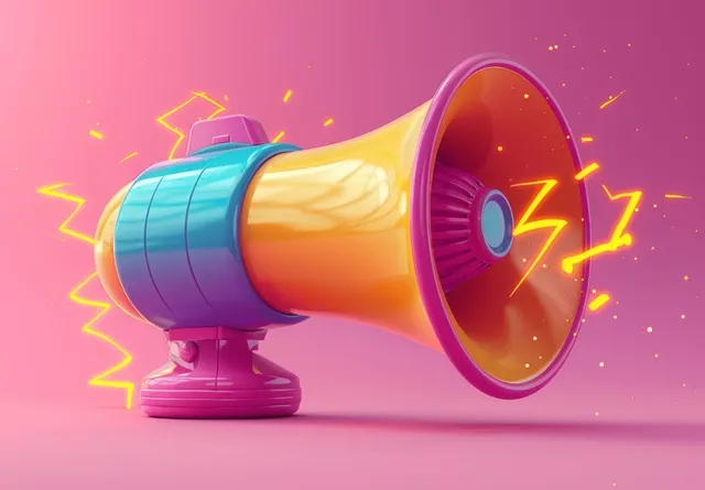 Isometric megaphone with purple and yellow lightning effects on a pink background.