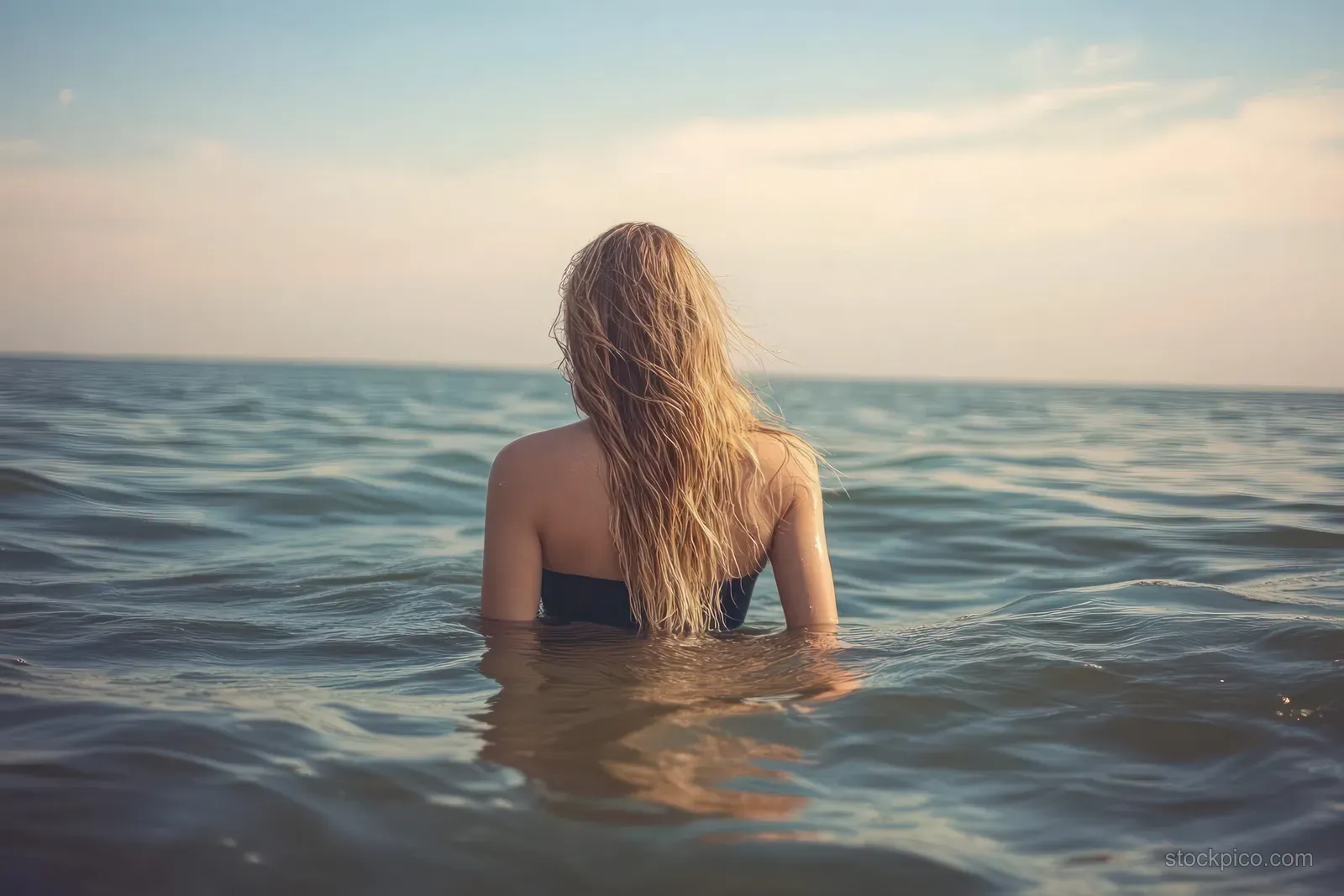 Woman with long blonde hair stands chest-deep in calm ocean water facing the horizon under partly cloudy sky.