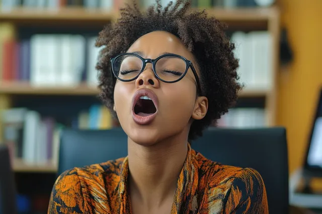 Person with curly hair sits at a desk in an office chair, wearing an orange patterned top, with bookshelves and a computer screen behind.
