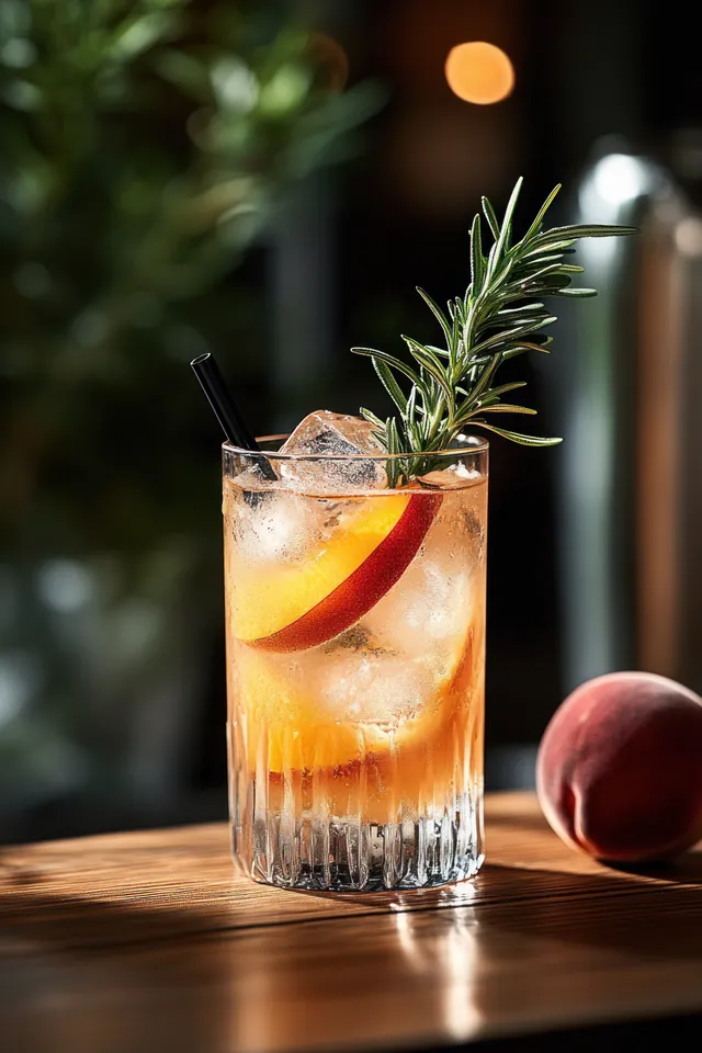 Clear glass iced peach cocktail with rosemary sprig and black straw on a warm wooden table.