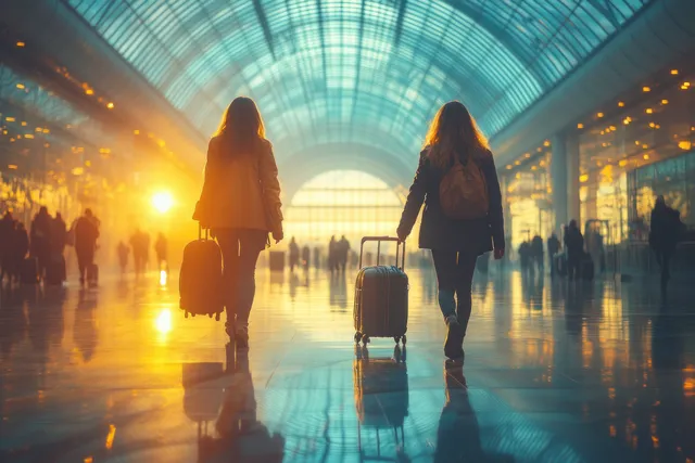 Two young women walking with luggage toward an illuminated airport boarding gate