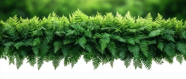 Close-up of vibrant fern fronds along a blurred green forest background