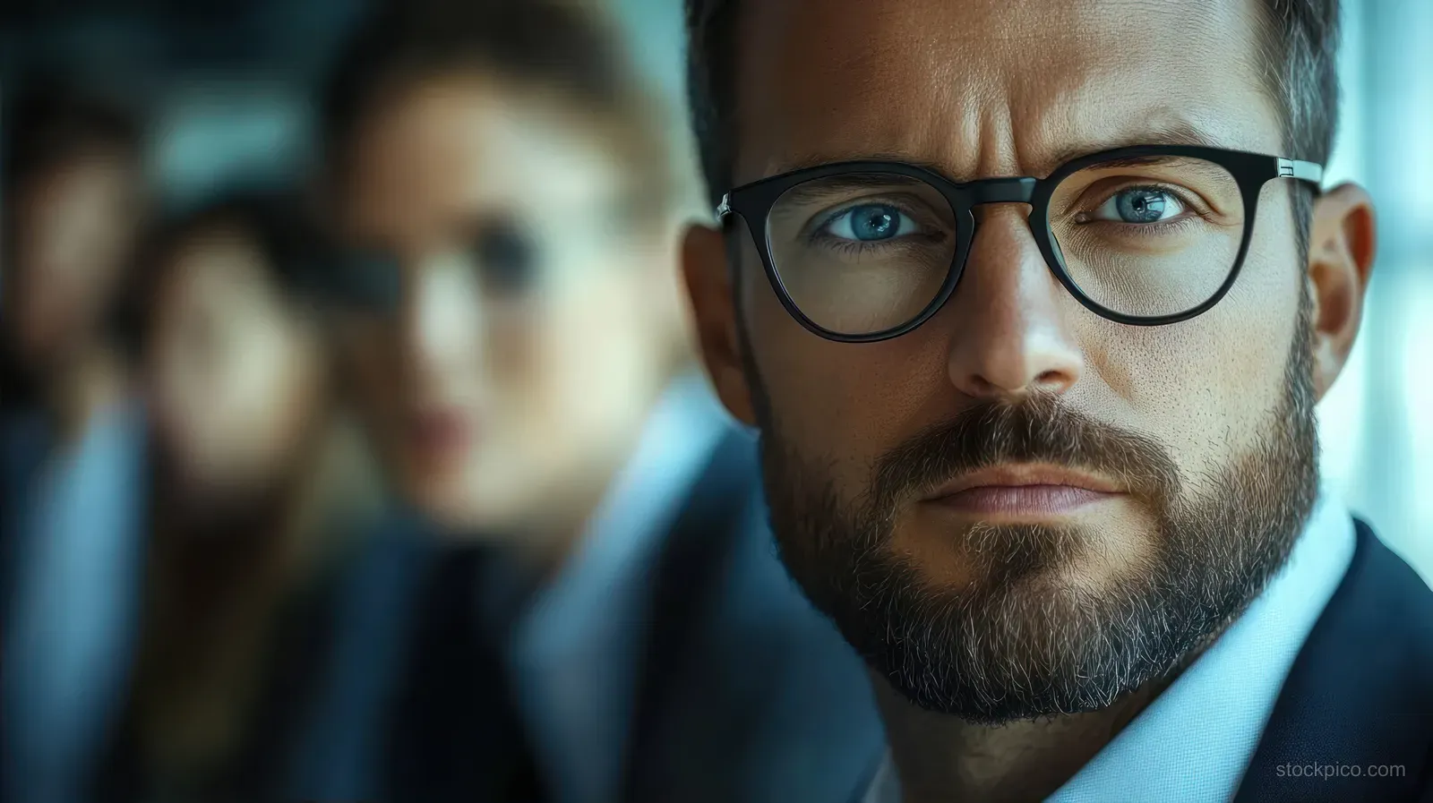 Young businessman with glasses and beard looks intently as blurred colleagues fill the office background.