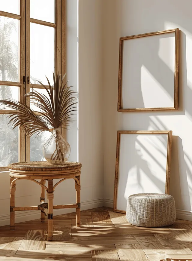 Blank wooden picture frames hang on a light wall beside a wicker table with palm leaves in sunlit interior.