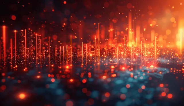 Fiery trading chart lights up a financial skyline with rising red data streams