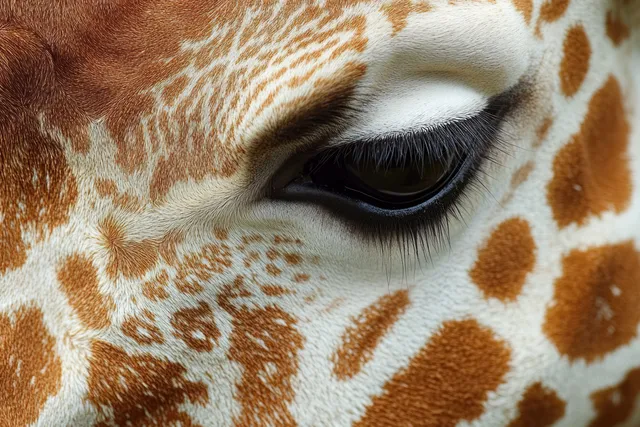 Giraffe eye close-up with patterned fur surrounding the calm gaze and detailed eyelash texture
