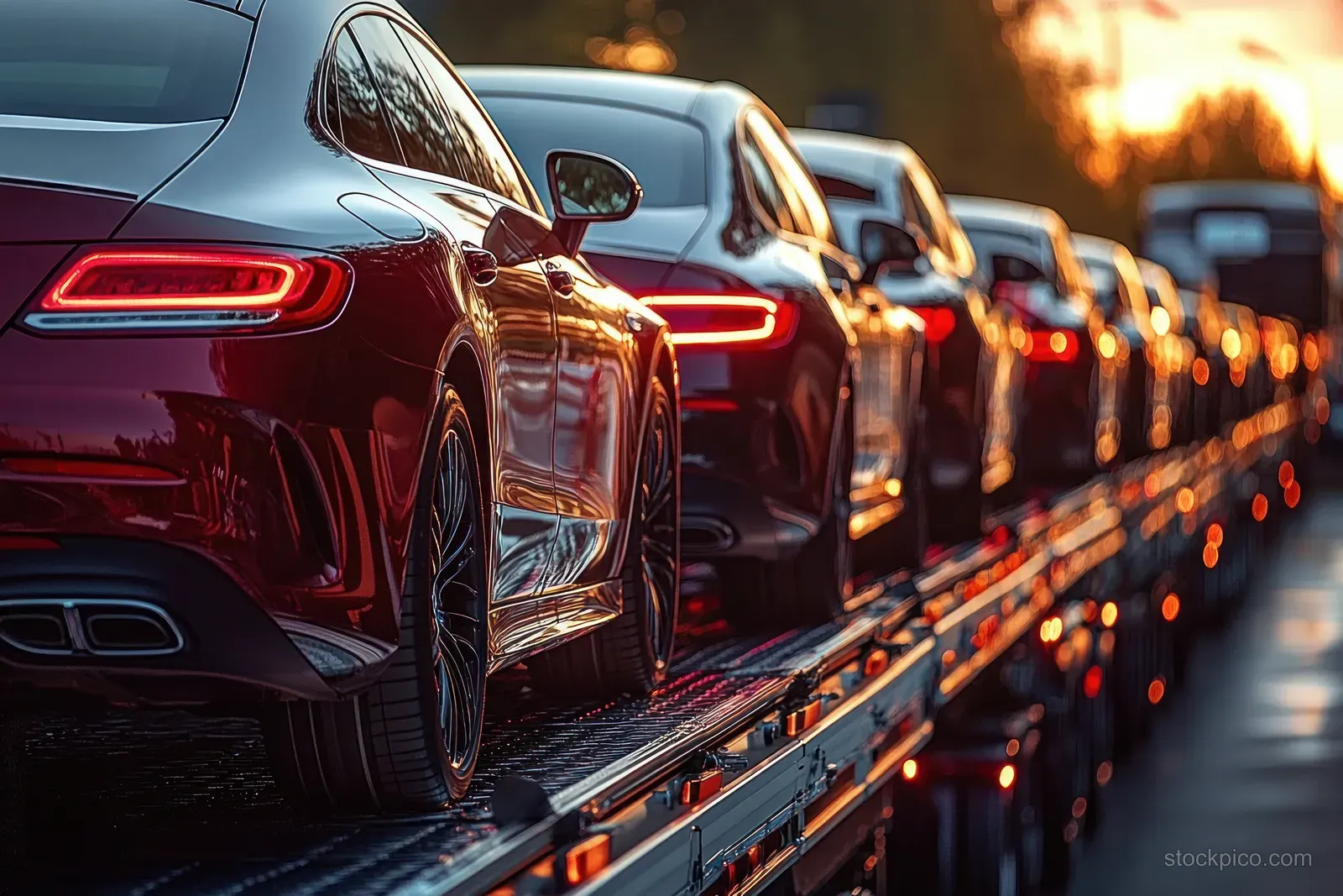 New cars are loaded on a car carrier trailer in sunset light, showing metallic reflections and a line of taillights.