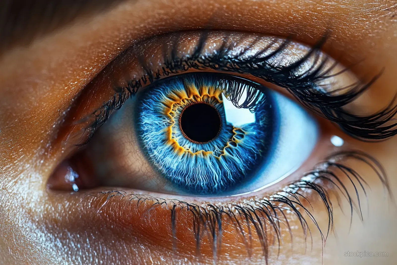 Macro close-up of a human eye with blue iris patterns, orange ring, and detailed eyelashes.