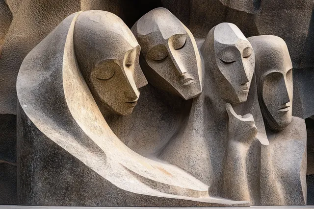 Gray stone sculpture shows four closely grouped faces with closed eyes and smooth flowing carved contours.