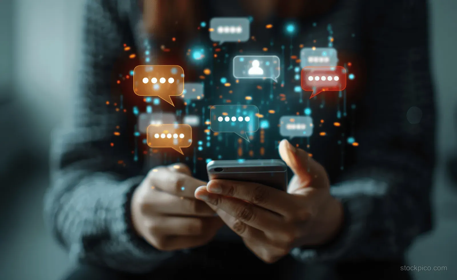 A businessman engages in live chat marketing using a smartphone, surrounded by chat bubbles and network connections.