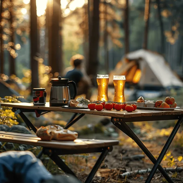 Camping table outdoors with coffee pot, beer glasses, and fruit plate near a forest tent at sunrise.