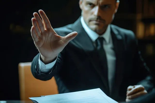 Serious suited man raises palm to refuse during office document review in dim lighting