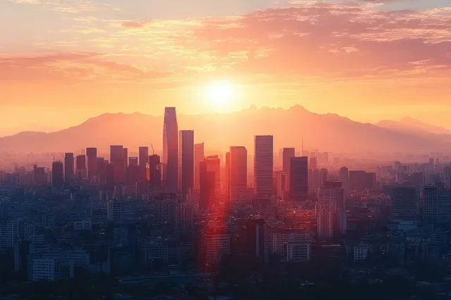 Silhouetted skyscrapers overlook a sunset orange cityscape with a hazy mountain range in the distance.