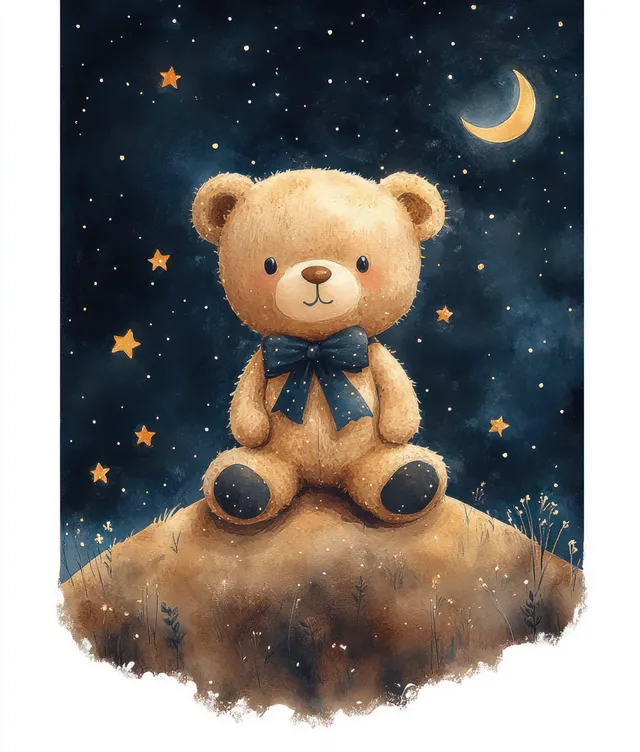 Watercolor teddy bear sits on a small hill under a starry night sky with a glowing crescent moon.