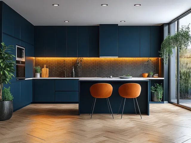 Deep blue kitchen with island sink, orange chairs, hexagonal backsplash tiles, and warm ceiling lighting.