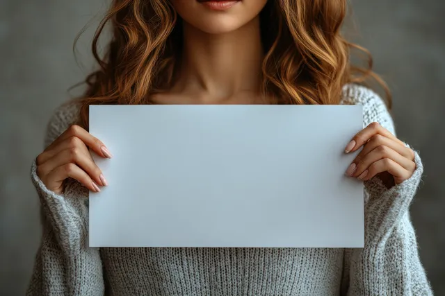 Smiling business woman holding a blank sheet of paper with copy space