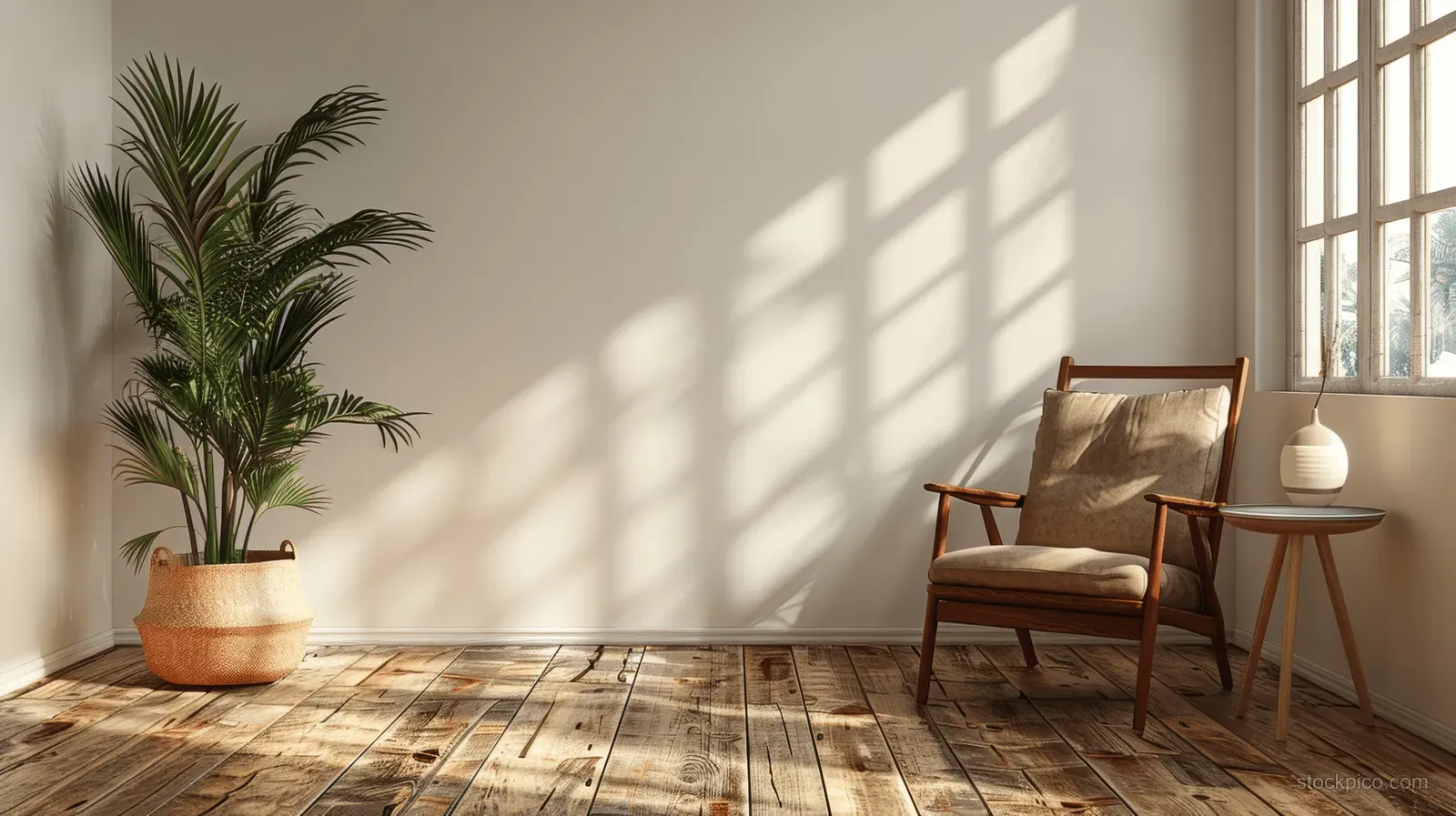 Minimal white interior with a leather chair, side table and lamp, potted plant, and sunlit wooden floor shadows.